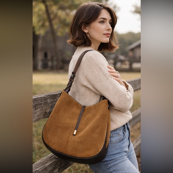 Zara Handbags - NWT ZARA Suede Leather Shoulder Bag – Brown Cowhide & Camel - Equestrian Boho